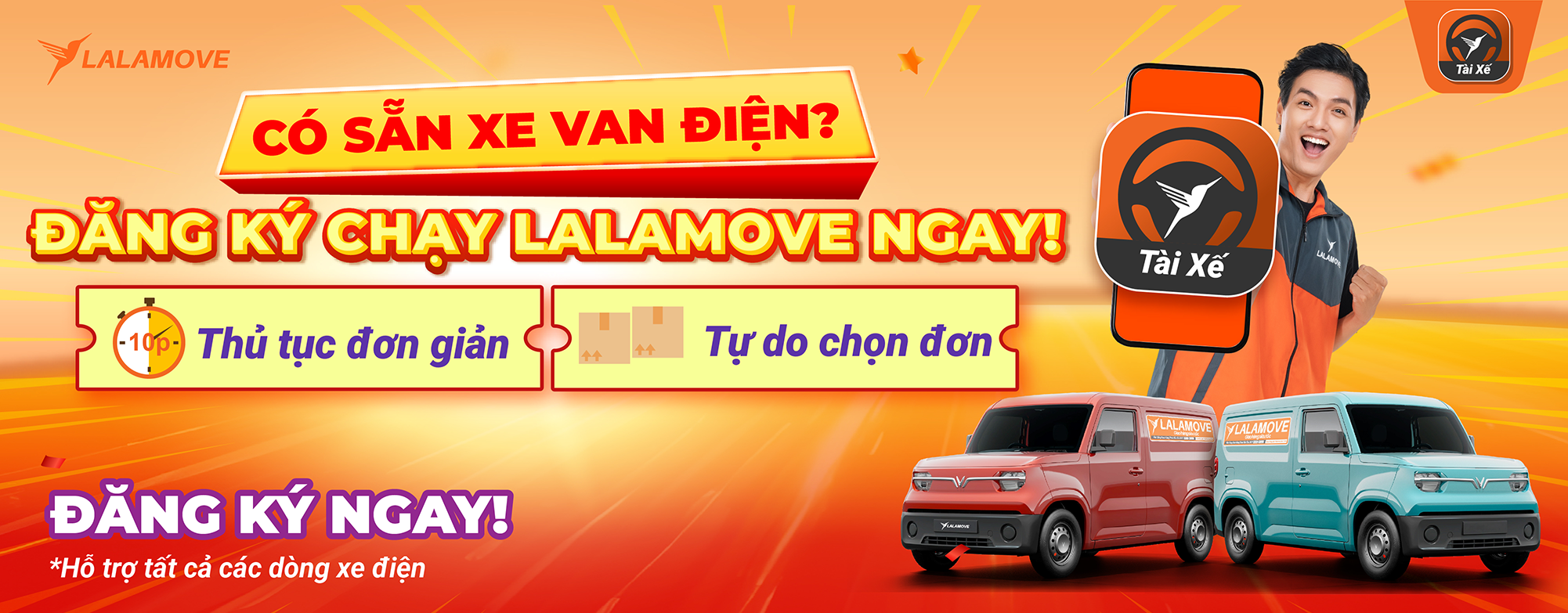 Đăng xe chạy Lalamove xe van điện/xe máy điện/xe ô tô điện